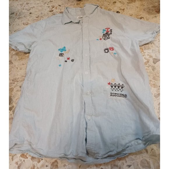 Pacsun Women's Button-Up 55% Linen  Blouse with Embroidery Large Light Blue - Picture 1 of 3